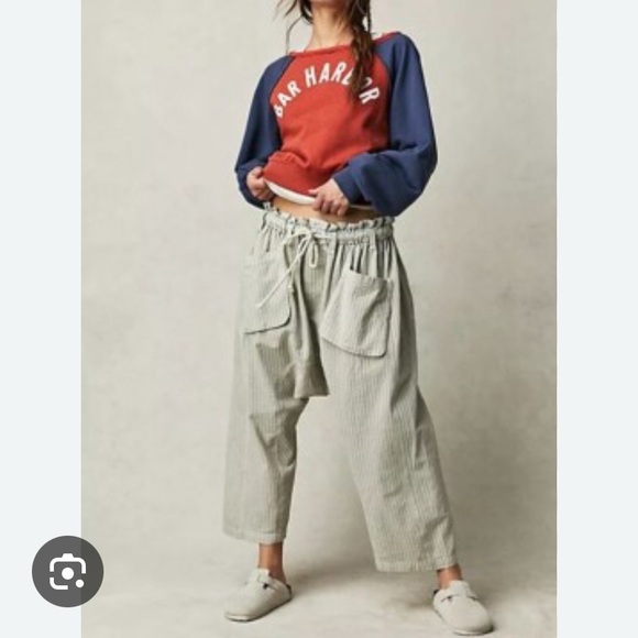 Free People Pants - Casual Drawstring Wide-Leg Stripe Pants - Cream